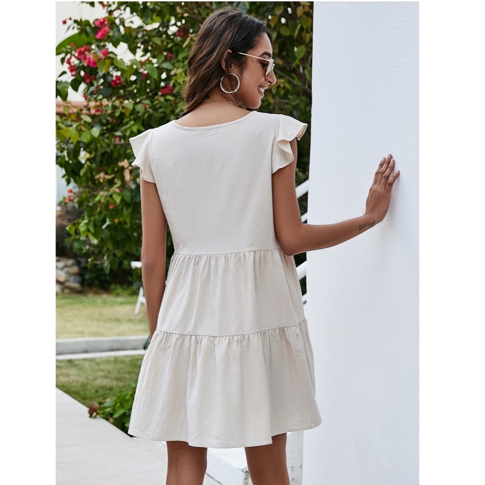 Ruffle Detail A-line V-Neck Mini Dress - Picture 2 of 8